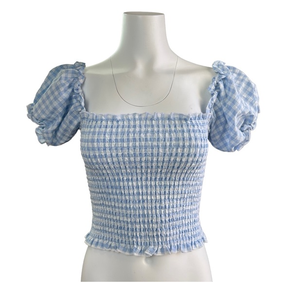 Chaser Tops - NWT CHASER Smocked Puff Sleeve Top Blue Gingham XS